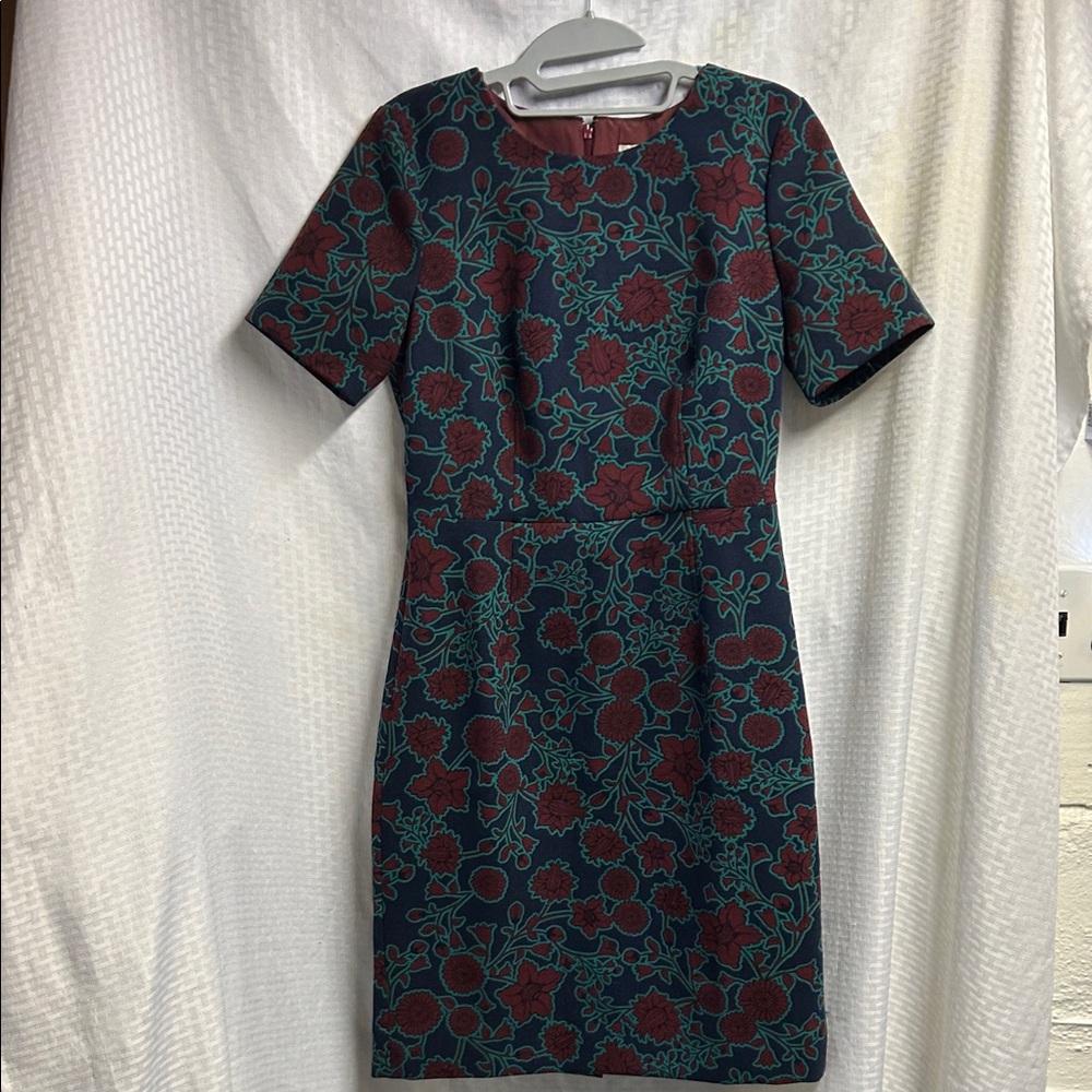 J. Crew Teal and Burgundy Floral Dress. Fully lined.